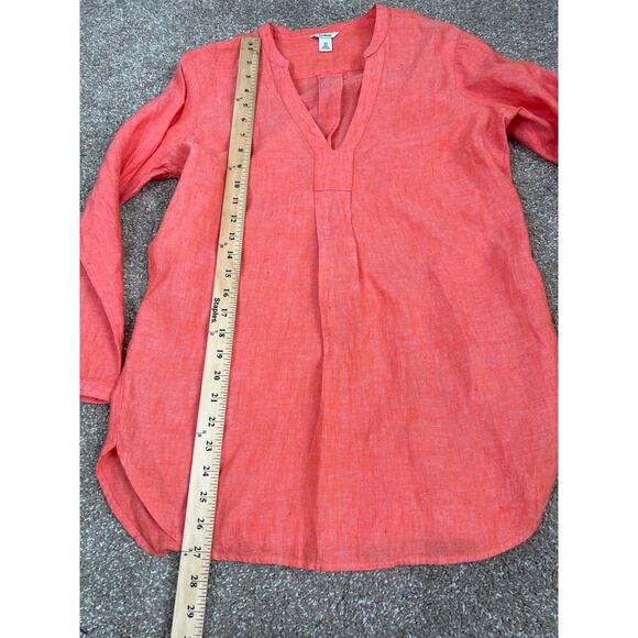 L.L. Bean Linen Tunic Top Orange Split V Neck Long Sleeve Hi Low 100% Linen XS - Picture 5 of 9